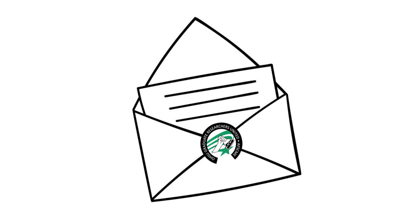 a cartoon envelope containing a letter, with the Graduate Researchers United logo sealing the envelope